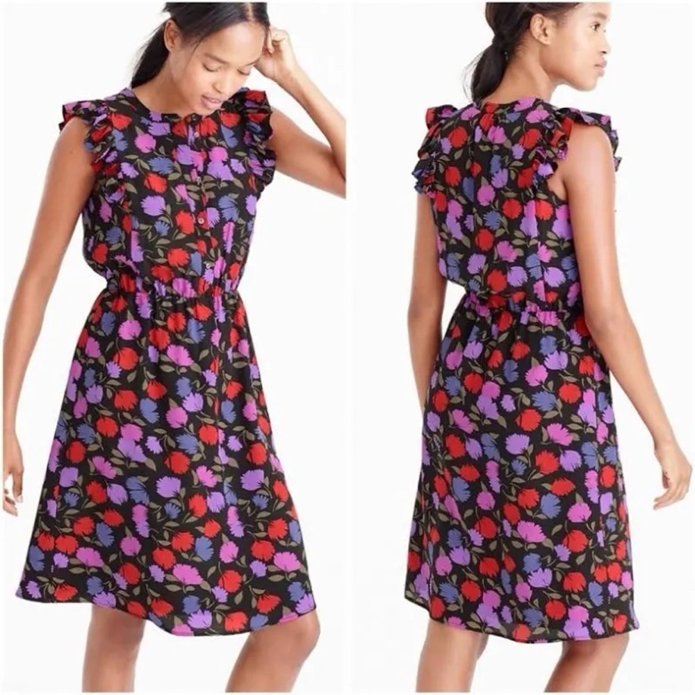 J. Crew Painted Pansy Floral Silk Dress Ruffle Cap Sleeves Sz 00